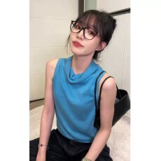 批发韩系蓝色堆堆荡领无袖背心女夏季宽松显瘦百搭简约风减龄休闲上衣