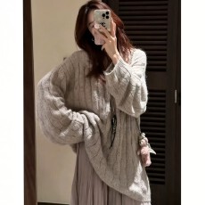 韩系复古麻花套头毛衣女早秋季宽松慵懒风高级感中长款软糯针织衫