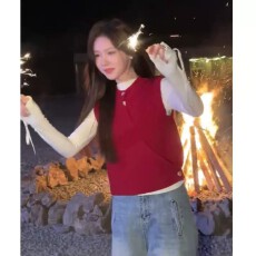 批发小香风红色针织衫马甲背心女秋冬季修身短款上衣内搭打底叠穿毛衣