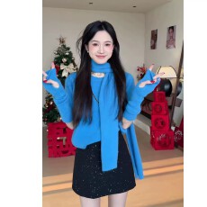 批发克莱因蓝袖套短袖毛衣女秋冬季宽松慵懒风高级感配围巾针织衫上衣