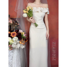 批发法式复古连衣裙夏一字肩<b class='q'>赫本</b>显瘦气质订婚登记开叉小白裙礼服