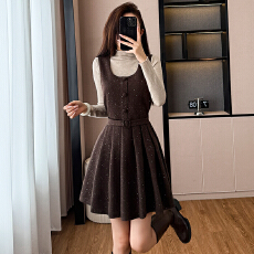 批发韩版亮闪闪收腰显瘦百褶背心连衣裙女秋季半高领长袖针织衫两件套