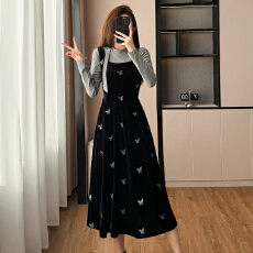 批发法式复古刺绣碎花吊带裙套装女秋冬小黑裙金丝绒黑色<b class='q'>连衣裙</b>