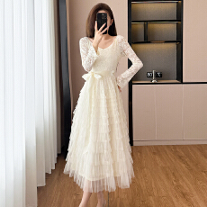 批发法式<b class='q'>蕾丝</b>镂空勾花系带蓬蓬<b class='q'>连衣裙</b>女2026春高腰A字网纱层层蛋糕裙