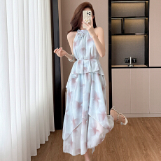 批发法式扎染亮闪闪立体花朵挂脖露肩连衣裙女春季收腰系带蓬蓬裙