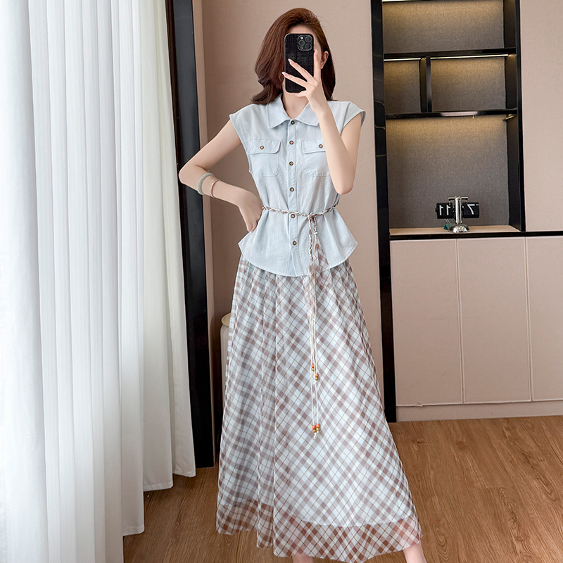 RY2203# 时尚休闲气质通勤套装夏季新款收腰显瘦无袖衬衫格纹半身裙两件...