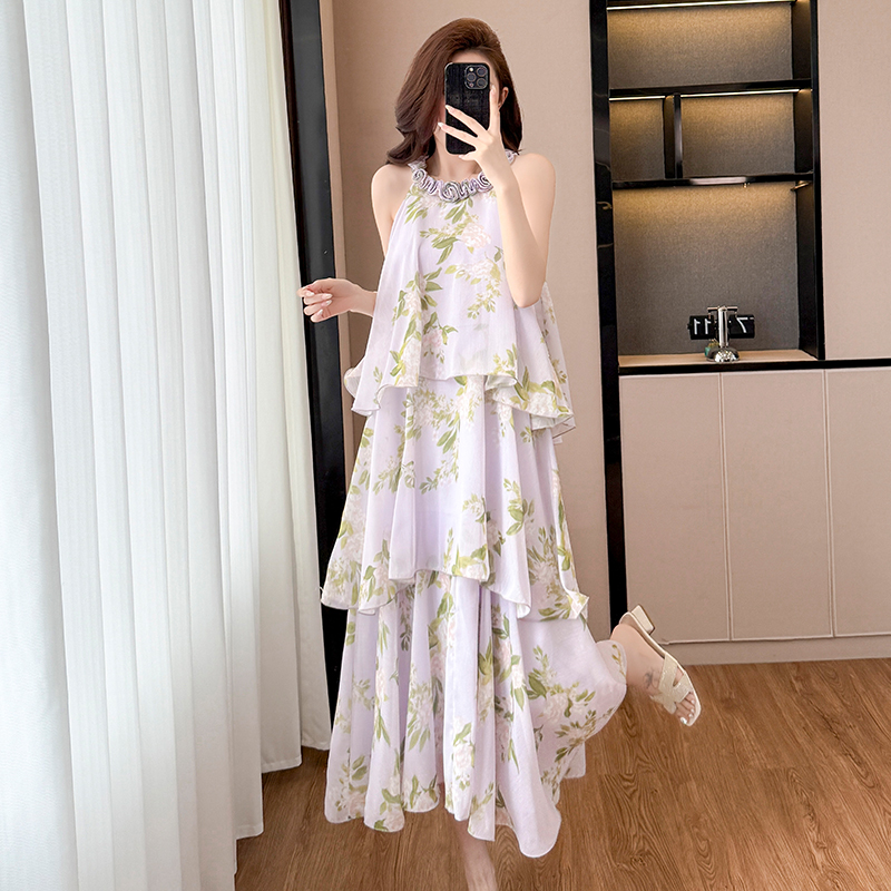 RY2202# 法式紫色碎花挂脖蛋糕裙女夏季度假风设计感小众中长款无袖连衣...