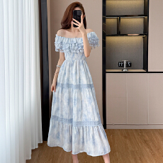 批发蓝色长款打揽印花<b class='q'>收腰</b><b class='q'>连衣裙</b>女夏季法式复古气质高级感裙子