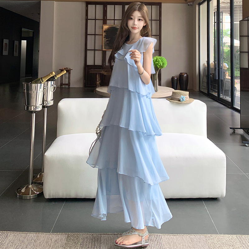 프랑스식 부드러운 바람 Feifei 소매 쉬폰 케이크 여성 드레스 2026 여름 새로운 외국 가스 롱 코트 표지 넓적 다리 요정