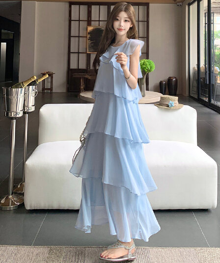 프랑스식 부드러운 바람 Feifei 소매 쉬폰 케이크 여성 드레스 2026 여름 새로운 외국 가스 롱 코트 표지 넓적 다리 요정