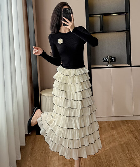 작은 샤넬 스타일 페이크 레이어드 패치워크 여성 드레스 새로운 프랑스식 케이크 치마
