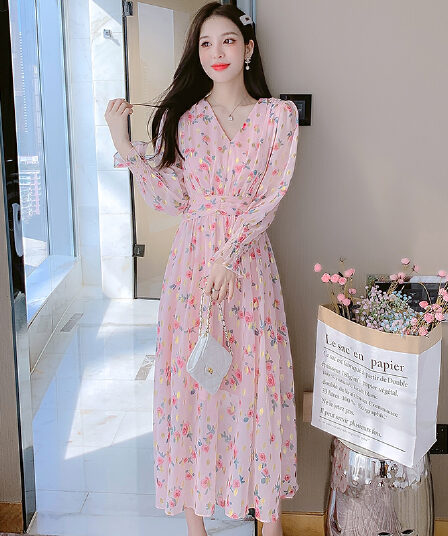 새로운 가을 V넥 벌룬 소매 숙녀 프릴 치마 식물 꽃무늬 달콤함 다림질 금박 드레스