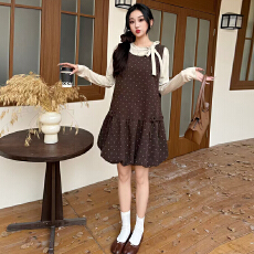 批发日系甜美可爱软妹学院风<b class='q'>两件套</b>娃娃领上衣波点<b class='q'>连衣裙</b>套装送发饰