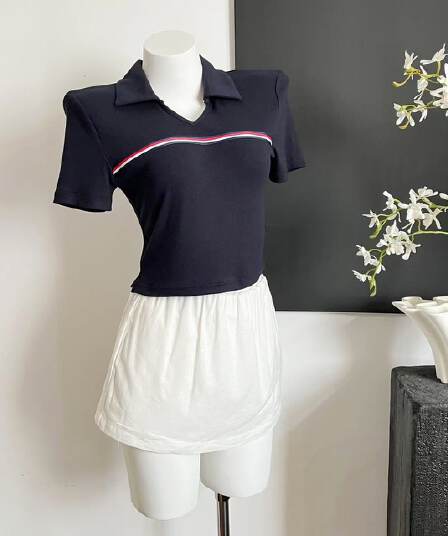 unoone 교환 건강 스트라이프 색상 도로 POLO 칼라 반팔 티셔츠 여성