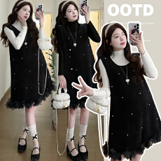 批发实拍 秋冬新款孕妇装时尚休闲雪花绒<b class='q'>钉珠</b>花边<b class='q'>连衣裙</b>+半高领打底衫