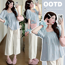 批发实拍现现 2026<b class='q'>孕妇</b><b class='q'>夏季</b>新款直筒九分裤显瘦绣花娃娃衫上衣两件套