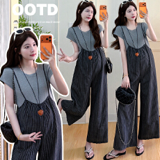 批发实拍现现 2026孕妇装<b class='q'>夏</b>季复古条纹背带裤休闲时尚阔腿裤两件套装