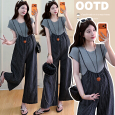 批发实拍现现 2026孕妇装<b class='q'>夏</b>季复古条纹纯棉背带裤休闲阔腿裤两件套装