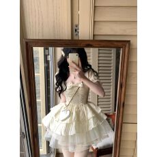 批发Blovelan栀花方糖公主风蝴蝶结少女感<b class='q'>欧根纱</b>蓬蓬连衣裙好质量