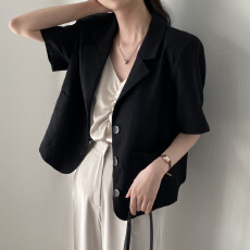 批发亚麻小西装韩国chic复古气质翻领三粒扣宽松<b class='q'>休闲</b>短袖西装外套