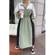 批发2025韩版大码女装拼接拉链立领宽松连衣裙松紧腰套头简约风衣