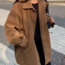 批发麂皮绒外套<b class='q'>街头</b>秋冬韩版复古时髦翻领宽松麂皮中长款风衣外套纯色