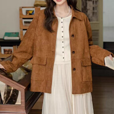 批发高级感百搭棕色麂皮外套韩系宽松复古翻领长袖休闲夹克风衣外套