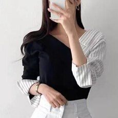 批发设计感条纹拼接撞色加两件长袖针织衫上衣V领收腰显瘦前后两面穿