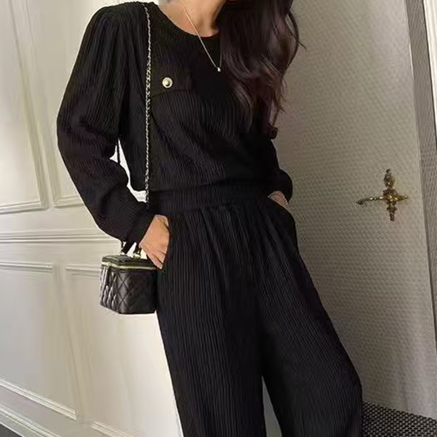 질감 센스 패션 세트 품격 하이웨이스트 캐주얼 긴 바지 우아함 작은 샤넬 스타일 라운드 넥 풀오버 긴팔 투피스 세트