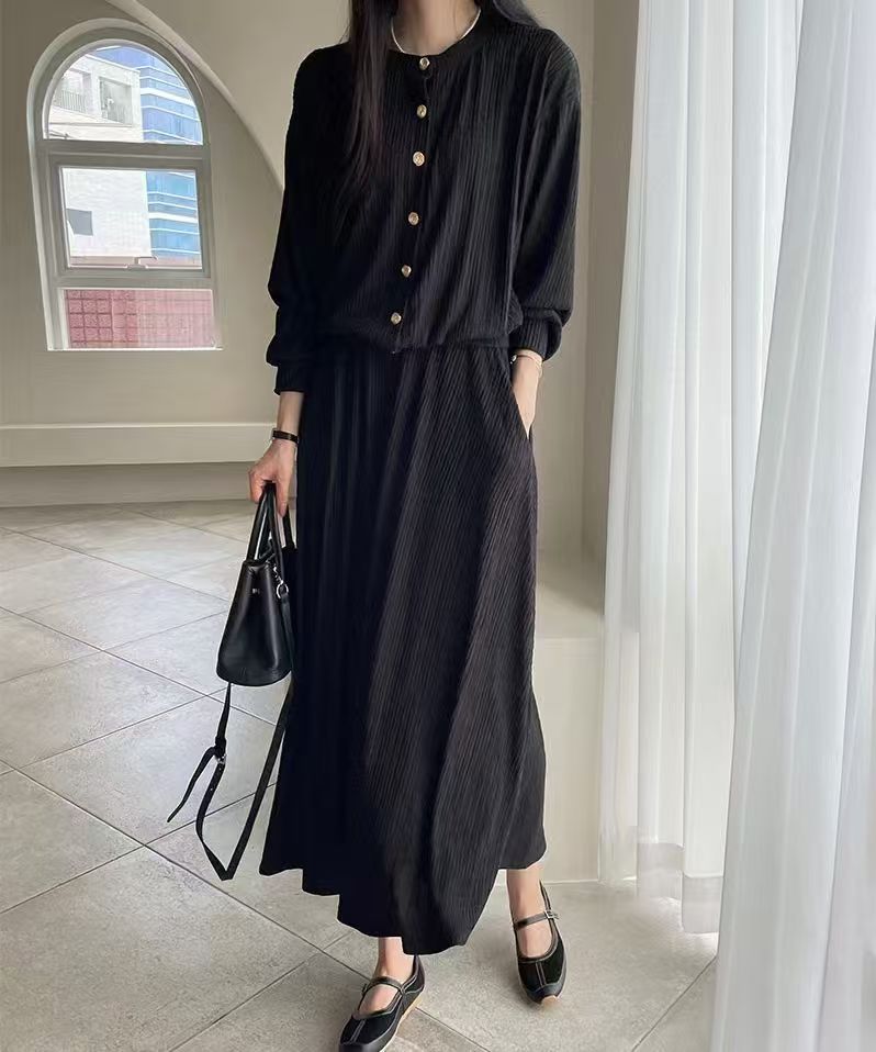 주름 곡물 투피스 세트 우아함 부서 버클 긴팔 셔츠 맨위 반신 하이웨이스트 나팔 롱 스커트 세트