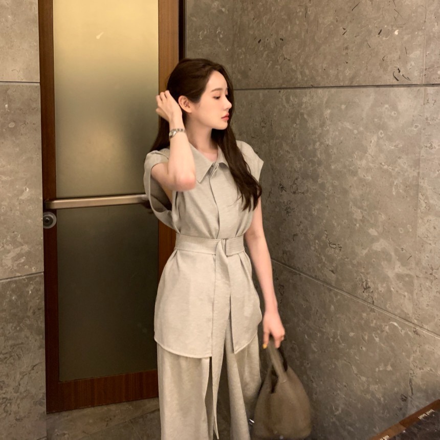 프랑스식 세트 단색 폴로 칼라 레이스업 허리 수축 반팔 셔츠 하이웨이스트 와이드 레그 팬츠 바닥 청소 바지 두 조각 여성 세트