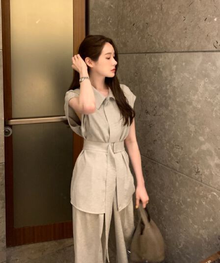 프랑스식 세트 단색 폴로 칼라 레이스업 허리 수축 반팔 셔츠 하이웨이스트 와이드 레그 팬츠 바닥 청소 바지 두 조각 여성 세트