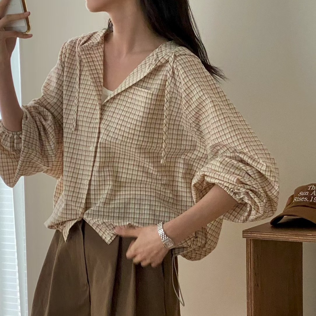레트로 체크무늬 후드 레이스업 자외선 차단 셔츠 재킷 미니멀리즘 캐주얼 루즈핏 밑단 펌프 로프 긴팔 체크무늬 셔츠