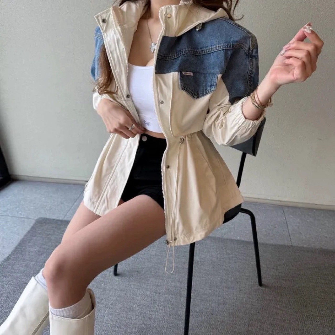 패션 패치워크 데님 재킷 후드 바람막이 여자 중간 롱 코트 허리 수축 펌프 로프 새로운 한 부서 루즈핏 캐주얼 재킷