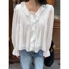 批发新款甜美荷叶边皱褶<b class='q'>衬衫</b>V领系带宽松显瘦减龄<b class='q'>长袖</b>上衣娃娃衫上衣