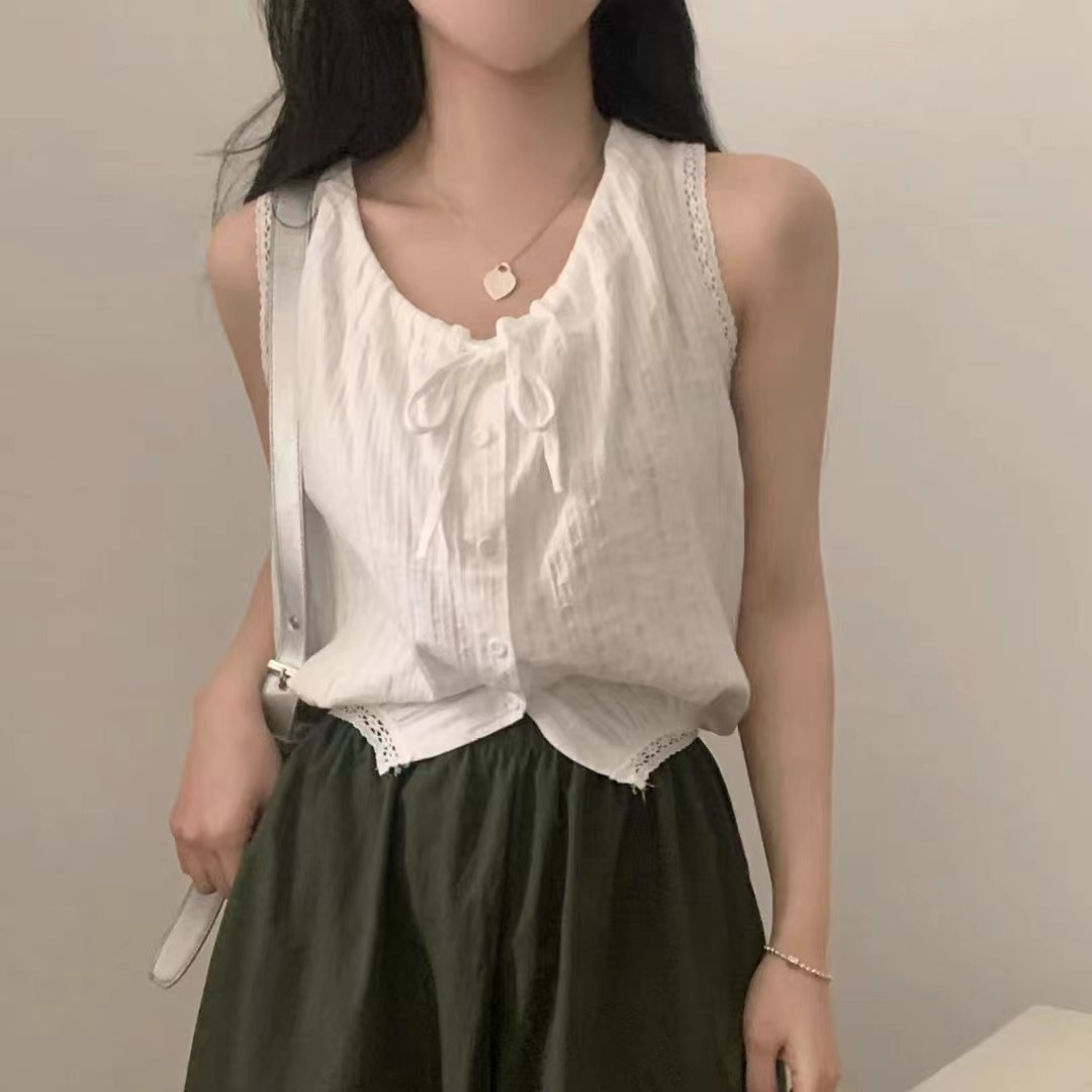 2026 Chic 디자인 센스 작은 대중 민소매 레이스업 작은 셔츠 작은 청신 다용도 슬림해 보이는 체크무늬 여성 셔츠