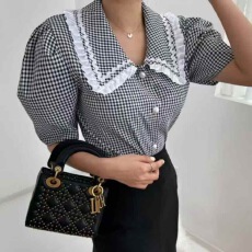 批发格子<b class='q'>衬衫</b>蕾丝边泡泡短袖<b class='q'>衬衫</b>女设计感简约木耳边娃娃领宽松<b class='q'>衬衣</b>