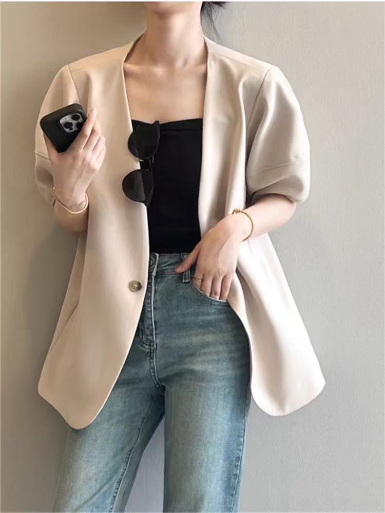 거품 소매 정장 짧은 외투 품격 캐주얼 도루 센스 슬림해 보이는 정장 다용도 없음 칼라 블레이저 미니멀리즘 반팔