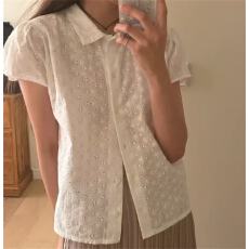 批发镂空小花衬衫短袖单排扣<b class='q'>全棉</b>刺绣提花宽松衬衫时尚简约衬衫