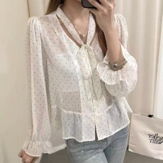 批发<b class='q'>雪纺</b>点点小衫荷叶边V领飘带领绑带系扣内搭叠穿<b class='q'>长袖</b>衬衫宽松显瘦