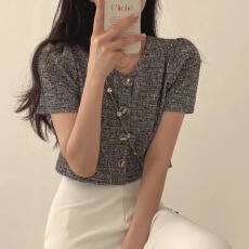 批发圆领Chic小香风短款西装<b class='q'>外套</b>新款简约圆领单排扣粗花呢上衣女夏季