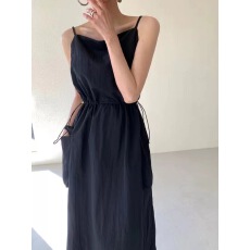 批发复古小众气质抽绳收腰显瘦大口袋<b class='q'>连衣裙</b>净色百搭叠穿<b class='q'>连衣裙</b>