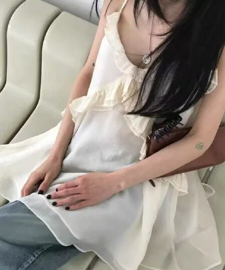 쉬폰 슬립 드레스 캐주얼 루즈핏 다용도 슬림해 보이는 V넥 순수한 욕망 바람 외출용 미니 스커트 이중층 목이버섯 레이스