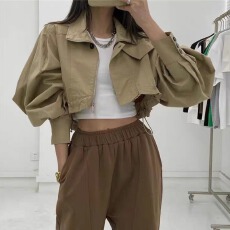 批发气质复古立领拉链短工装冲锋衣独特抽绳短款长袖外套宽松防风上衣