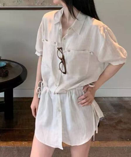 느긋한 센스 통기성 루즈핏 폴로 칼라 캐주얼 주머니 반팔 셔츠 중간 길이 펌프 로프 허리 수축 셔츠 드레스