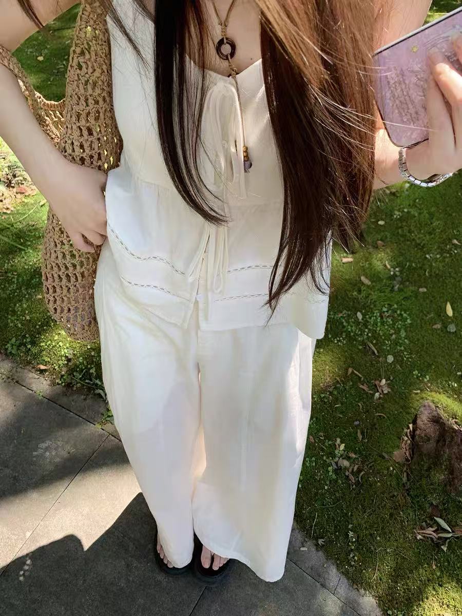 품격 V넥 레이스업 싱글 줄 버튼 캐미솔 작은 셔츠 하이웨이스트 루즈핏 스트레이트 와이드 레그 팬츠 세트 투피스 세트