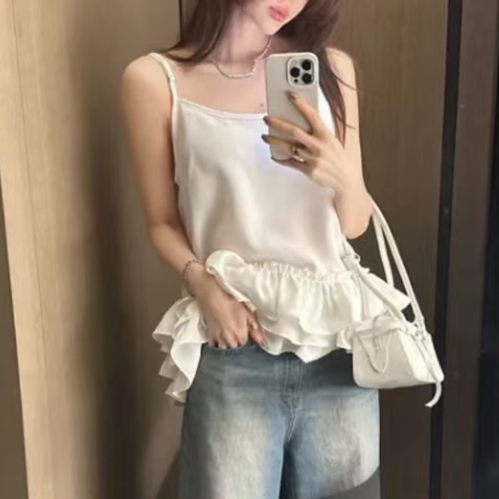 계단식 프릴 캐미솔 밑단 방귀 커튼 패치워크 민소매 만나는 조끼 슬립 케이크 드레스 맨위