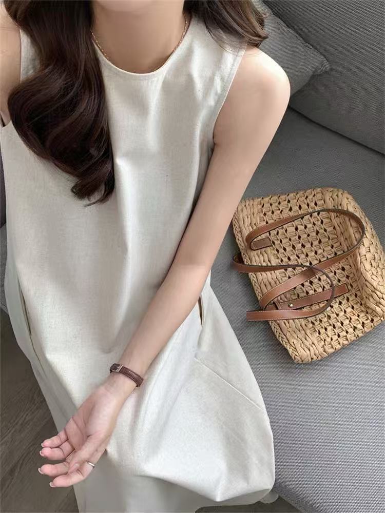 면 린넨 민소매 조끼 스커트 드레스 품격 루즈핏 백리스 롱 스커트 해변가 휴가 라운드 넥 슬림해 보이는 드레스