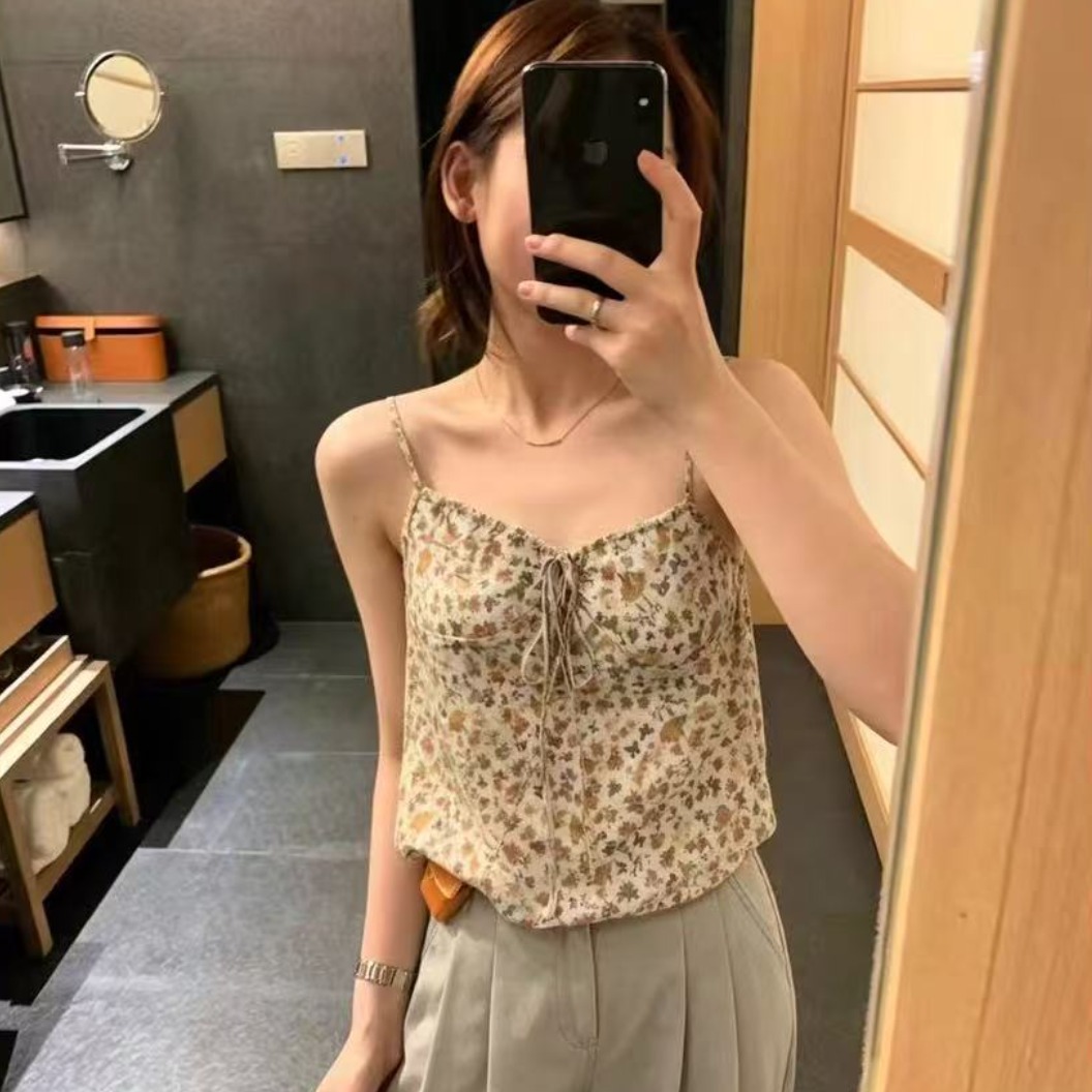 레트로 꽃무늬 홀로우 아웃 V넥 레이스업 민소매 캐미솔 여름 외출용 펌프 로프 나비 매듭 루즈핏 맨위