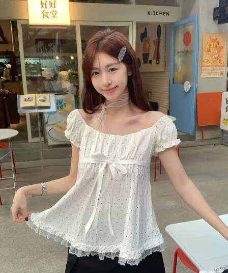 달콤함 도트 무늬 반팔 티셔츠 레이스 레이스 거품 소매 광장 칼라 둘 착용 한 단어 어깨끈 리본 루즈핏 작은 셔츠